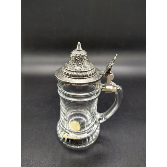 Miniature Beer Stein BMF Schnapskrügerl 4” Clear Glass & Pewter Lid West Germany - Picture 9 of 10